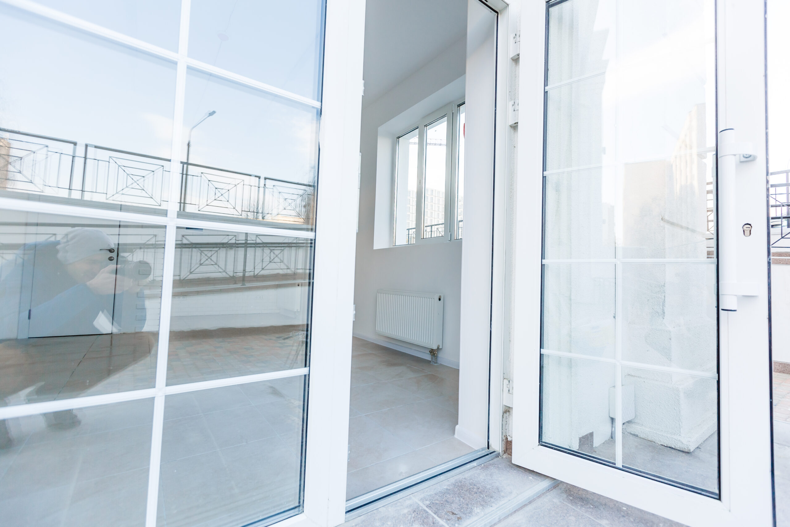 Empty room without repair. interior of white loft room office with panoramic windows in equirectangular projection