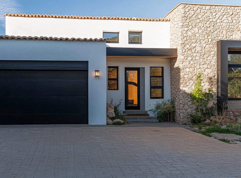 Modern stone house with elegant design and serene landscape in bright daylight