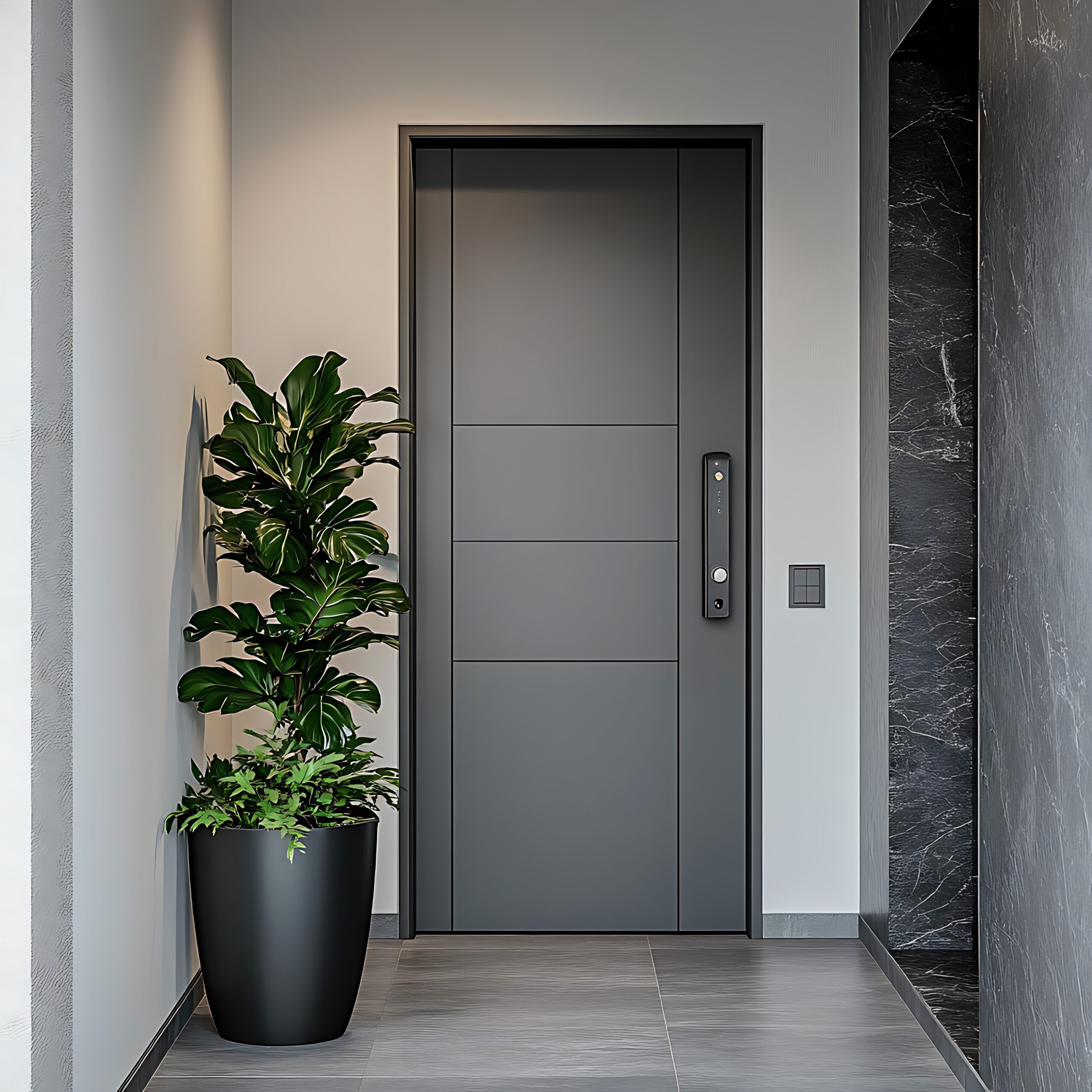 there is a plant in a pot in front of a door there is a plant in a pot in front of a door