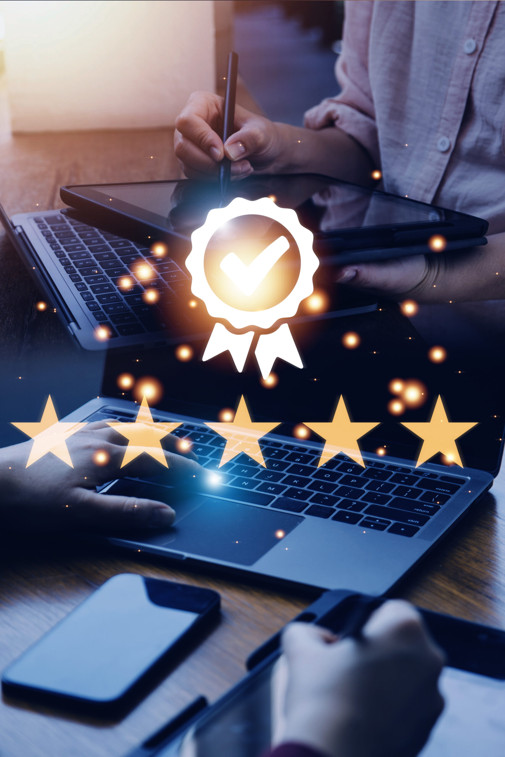 Hand shows the sign of the top service Quality assurance, Guarantee, Standards, ISO certification and standardization concept, satisfaction, service experience.